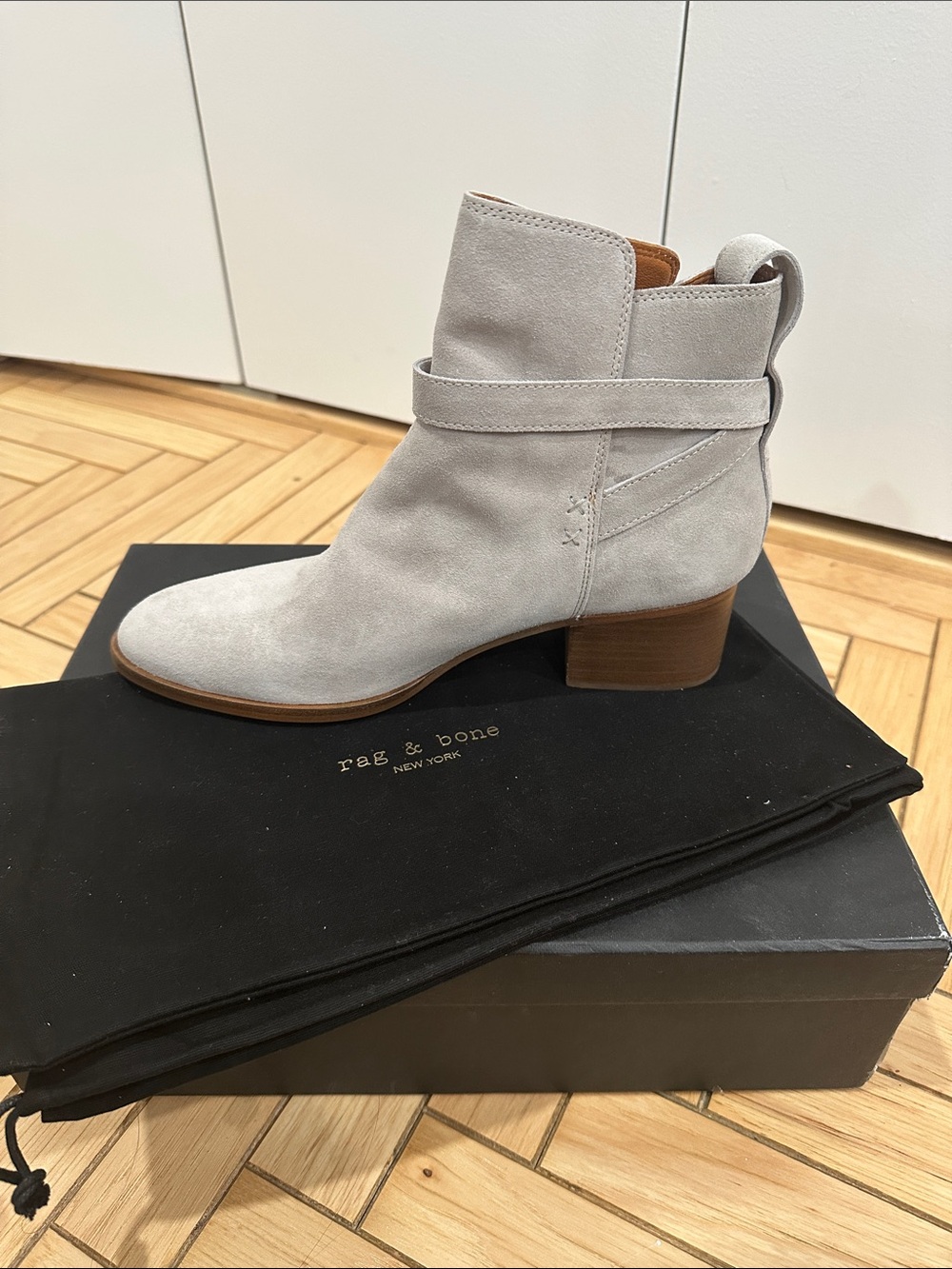 rag & bone Light Gray Suede Ankle Boot with Wrap Strap